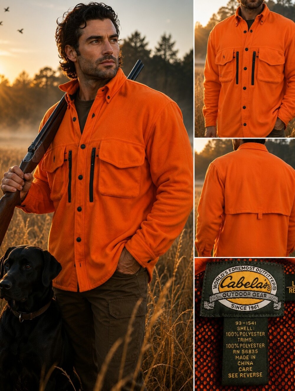 Cabela's Blaze Orange Fleece Hunting Shirt Jacket Large Button Front Vented Back